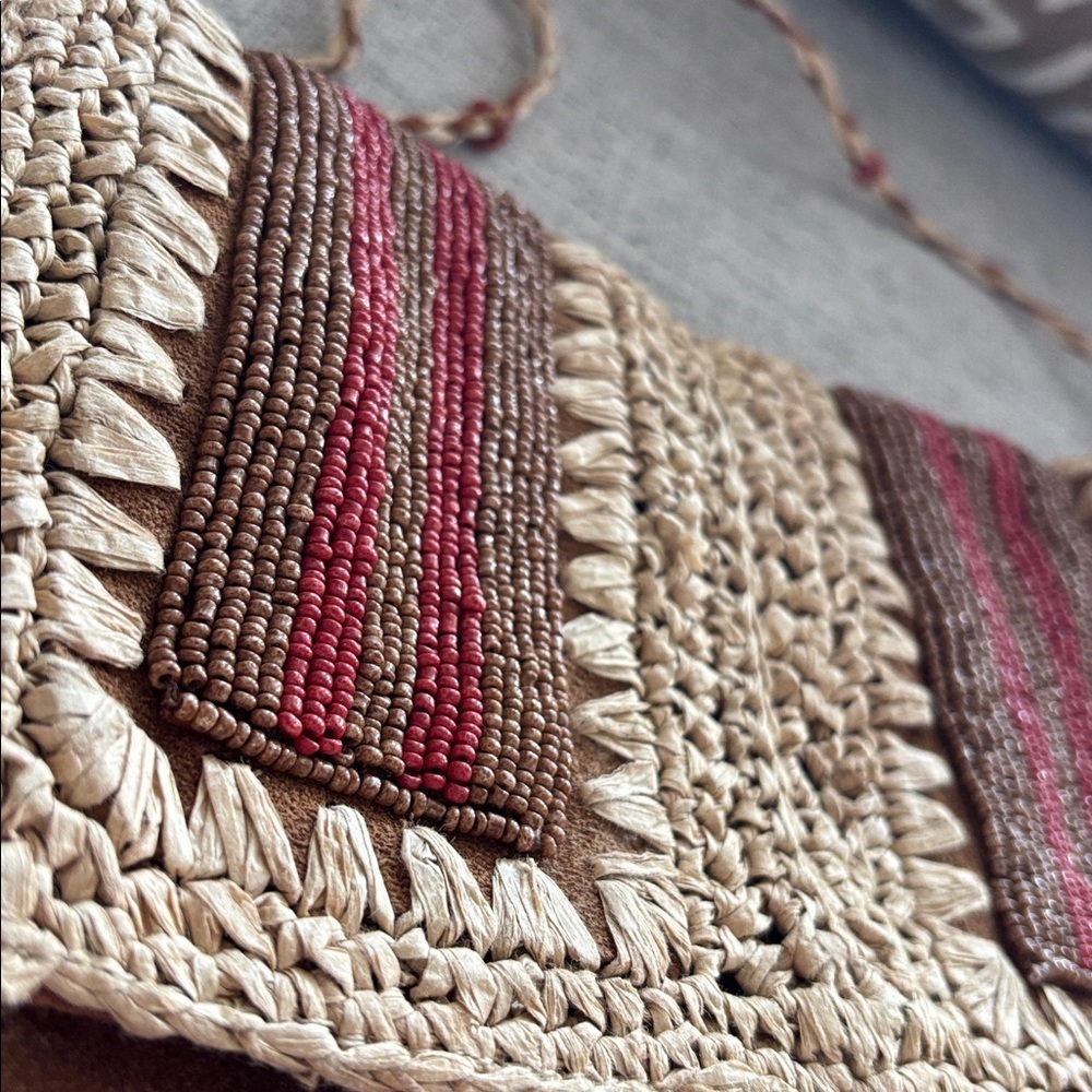Free People Vintage boho suede leather and paper Raffia beaded crossbody purse - Picture 3 of 16